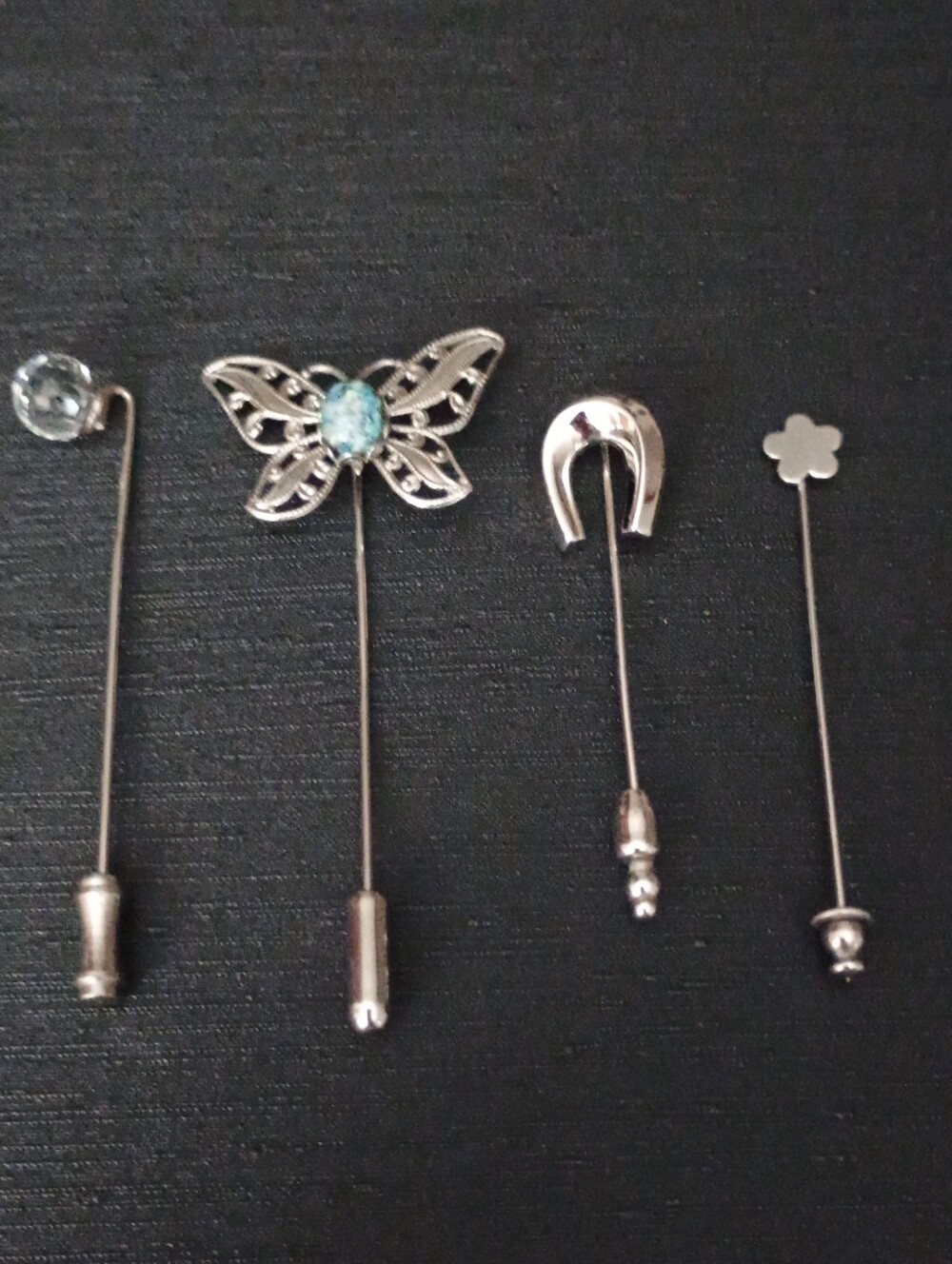Vintage Silver Butterfly and Floral Stick Pin Set - Horseshoe Is Crown Trifari